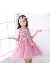 Little Big Girls Summer Embroidered Pearl Flower Dress Girl Pink Birthday Party Princess Laces Dress for Wedding