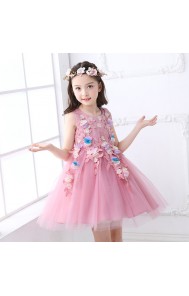 Little Big Girls Summer Embroidered Pearl Flower Dress Girl Pink Birthday Party Princess Laces Dress for Wedding