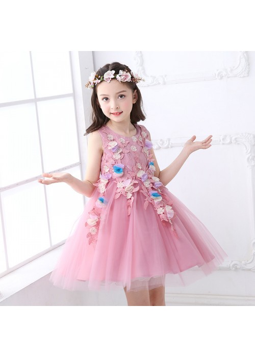 Little Big Girls Summer Embroidered Pearl Flower Dress Girl Pink Birthday Party Princess Laces Dress for Wedding